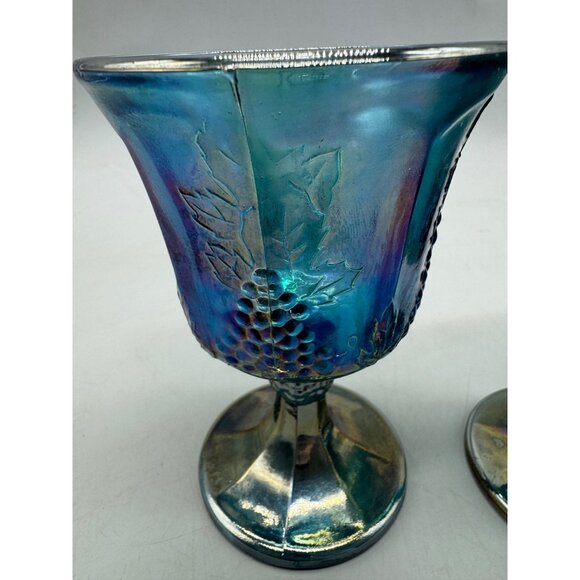 set of 2 Vintage Blue Carnival Glass Grape & Vine Goblets cups 5" tall READ - Picture 5 of 8